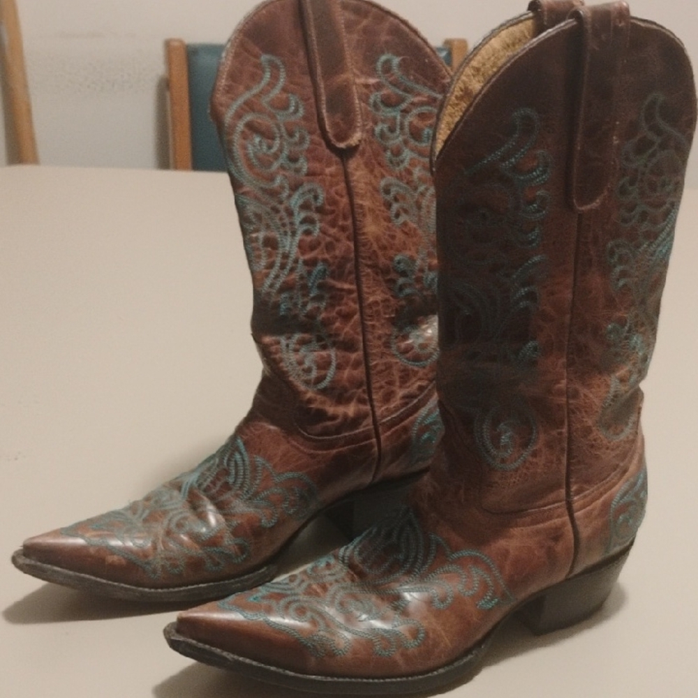 Yippee Kiyay Brown and Teal Western Cowboy Boots Hand Made In Mexico Women's 8.5